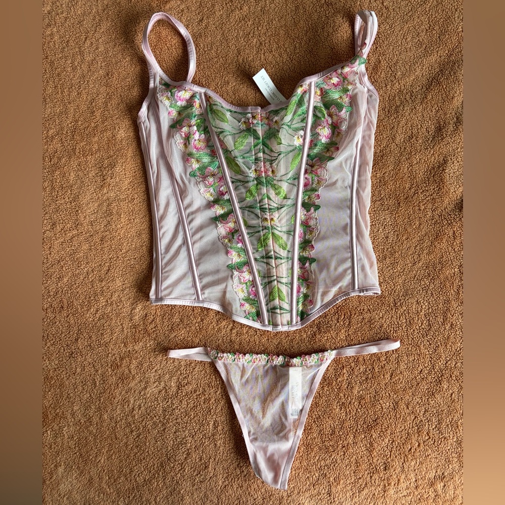 Victoria's Secret Pink and Green Lace-Up Corset Lingerie